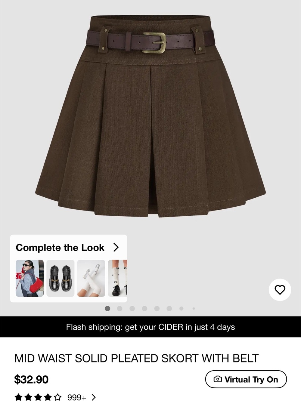 Cider Dark Brown Pleated Mini Skirt with Belted Waist